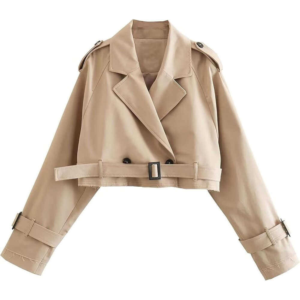 💫 Women Cream Long Sleeve Trench Coat Cropped Belted Solid Button Cuffs Jacket